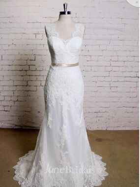 White Lace V-Neck Wedding Dress with Satin Belt